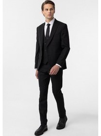 Resim Süvari Siyah Slim Fit Düz Sivri Yaka 6 Drop Yelekli Klasik Takım Elbise 