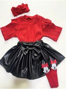 Resim özge başaran Kırmızı Badi, Deri Etek, Bandana, Mickey Mouse Çorap, Kız Çocuk, Bebek Kıyafet Seti. 4 Lü 