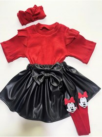 Resim özge başaran Kırmızı Badi, Deri Etek, Bandana, Mickey Mouse Çorap, Kız Çocuk, Bebek Kıyafet Seti. 4 Lü 