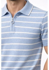 Resim Barlashive Erkek Triko Polo Yaka Fermuarlı Çizgili Tişört T-shirt Yazlık Şık - Bebek Mavisi Çok Renkli 