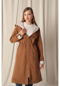 Resim Saklımoda Torino Kumaş Çizgili Garnili Kapüşonlu Kadın Camel Yağmurluk Çok Renkli 