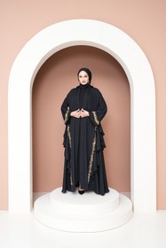 Resim AGH Değerli Hediyeler Gold Volanlı Lüks Giyim Abaya Özel El İşcilikli Şık ve Zarif Model Gold Dantel işleme 