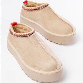 Resim Ndr-2888 Bej Süet İçi Kürklü Kışlık Kapalı Burun Kadın Günlük Terlik Beyaz 