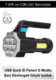 Resim Fener Usb Şarjlı El Feneri 7 Xpe Cob Led 5 Modlu Şarj Göstergeli Güçlü Işıldak Abs Gövdeli Taşınabi Çok Renkli 