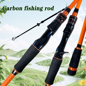 Resim Turuncu siyah desenli karbon fiber yem çubuğu 1.68m 1.8m 2.1m Segmenteli sap Seramik kılavuz halka tasarımı Şık ve yenilikçi görünüm Siyah piyano cilası döner Metal alüminyum dekorasyon M tonalitesi 