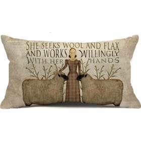 Resim 1 adet Vintage Çiftlik Evi Bel Yastık Kılıfı 30.48x50.8 cm - Rustik Okaliptüs & Çiçek Deseni, Keten Karışımı Atma Yastık Kılıfı "She Seeks Fleece and Flax" Alıntısı ile Koltuk veya Kanepe için (Sadece Kılıf), Dekoratif Yastıklar 