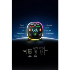 Resim Kensa Bluetooth Araç Çakmaklık Fm Transmitter Işıklı | Mp3 Çalar | Type-C Hızlı Şarj | Araç Şarj Cihazı 
