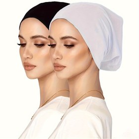 Resim Kadınlar için 2 adet esnek tüp altı bone, katı renkli nefes alabilen başlıklar, yumuşak ve rahat iç hijab bone hediyesi 