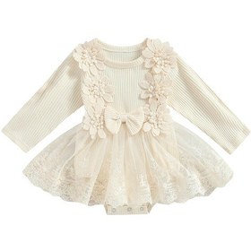 Resim Bebek Kız Romper Elbise Sonbahar Ekip Boyun Dantel Elbise Çiçek Yay Tül Patchwork Bodysuit Giysileri Günlük Parti İçin Sarı 