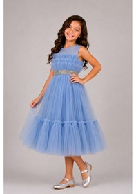 Resim Ahengim Kız Çocuk Prenses Tül Detaylı Taş Kemerli Özel Gün Davet Abiye Elbise Ak2615 Bebe Mavi 