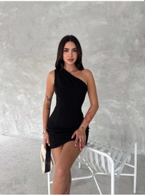 Resim Tek Omuzlu Kolsuz Mini Boy Elbise - Siyah 