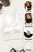 Resim SHİBA Kadın Pamuklu Kalın Askılı Crop Pedli Spor Sütyeni Yarım Atlet Bluz Büstiyer 