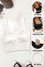 Resim SHİBA Kadın Pamuklu Kalın Askılı Crop Pedli Spor Sütyeni Yarım Atlet Bluz Büstiyer 