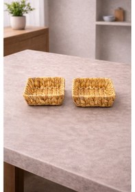 Resim 2 Adet Hasır Ekmeklik Saklama Kutusu Organizer Sepet Kare 18cm Açık Kahverengi 