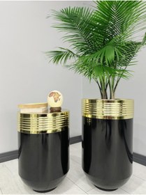 Resim evdeniste ELEGANT Dekoratif Gold Darbuka Parlak Siyah Saksı 70cm + Sehpa 60cm İkili Set 