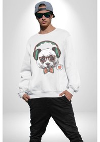 Resim Kulaklıklı Hipster Portre Panda Unisex Beyaz Baskılı Sweatshirt Beyaz 