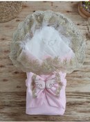 Resim Yenidoğan Soft Kumru Melek Kanat Fiyonklu Gold Çift Dantel Duvaklı Trilüks Kundak Bebek Battaniyesi Pembe Çok Renkli 
