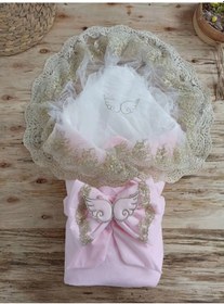 Resim Yenidoğan Soft Kumru Melek Kanat Fiyonklu Gold Çift Dantel Duvaklı Trilüks Kundak Bebek Battaniyesi Pembe Çok Renkli 