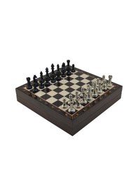Resim Gifthome Orta Boy Premium Black Metal Klasik Satranç Takımı Ve Ceviz Desenli Sandıklı Mdf Tahtası 30x30x6 Cm. 