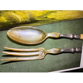 Resim TT Fransız Servis Seti Çatal ve Kaşık Boynuzdan ve Gümüş Kaplama 28 cm Boylarında 