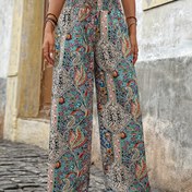 Resim Kadınlar için Paisley Desenli Yüksek Bel Geniş Paça Günlük Pantolon - Elastik Bel ve İpli Bağcıklı, Dantel Detaylı, Makinede Yıkanabilir Gevşek Pantolon İlkbahar Yaz Sonbahar İçin, Canlı Çok Renkli Tasarım, Saydam Olmayan Kumaş 