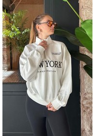 Resim Madmext Ekru Yarım Fermuarlı Baskılı Sweatshirt Mg2240 Ekru 