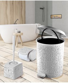 Resim 3'lü Beyaz Banyo Seti 7 lt Çöp Kovası+Tuvalet Fırçası+Tuvalet Kağıtlığı 