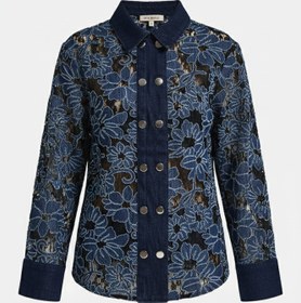 Resim Kadın İndigo Selvedge 7s6-50 Oversize Dantel Nakış Çiçek Detaylı Özel Tasarım Denim Ceket - indigo / M 