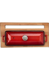 Resim Lava Döküm Ekmek Tenceresi / Kayın Ağacı Servis Standı / Terrine Serisi. Ölçü 11x29cm. - Kırmızı 