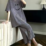 Resim neşeli yüz çizgili baskılı pijama takımı, bayan kısa kollu yuvarlak yaka gevşek üst ve pantolon rahat iki parçalı takım, rahat tarz, ev kıyafetleri 