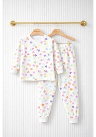 Resim Kalp Desenli Kız Çocuk Pijama Takım St09656 KREM 