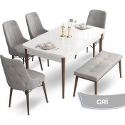 Resim Canisa Concept Taç Serisi 80 x 132 cm Beyaz Masa Ceviz Ayak Yemek Masası Takımı 4 Sandalye Gümüş Halkalı ve 1 Bench 