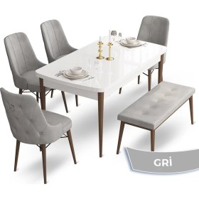 Resim Canisa Concept Taç Serisi 80 x 132 cm Beyaz Masa Ceviz Ayak Yemek Masası Takımı 4 Sandalye Gümüş Halkalı ve 1 Bench 