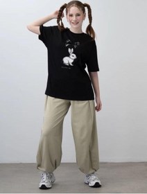 Resim Zekids Kız Çocuk Tavşan Baskılı Oversize Tasarım Tshirt-15538 Siyah 
