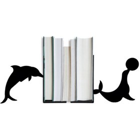 Resim Hobi Demir Sanat Yunus ve Fok Figürlü Dekoratif Metal Kitap Tutucu 