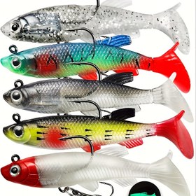 Resim 5 adet Balıkçılık Yemleri Küçük Renkli Balık ile saç tokası Paddle Tail Swim Baits Bass, Trout, Walleye, Crappie, Sinking Jigs Bait için Tuzlu Su Tatlı Su, Balıkçılık Hediyeleri Erkekler için 