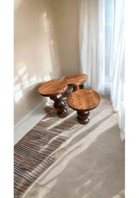 Resim Ahşap Mantar Sehpa 3 Lü Set Masif Kestane Renk Doğal Zigon Ve Fiskos Sehpa - Dekoratif Çiçeklik Kestane 