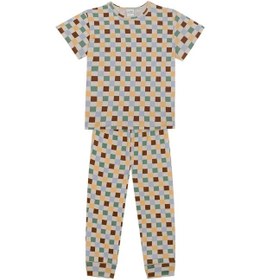 Resim Antebies Organik Gots Sertifikalı Pastel Damalar Desen Bel Lastikli Tshirt Pantolon Erkek Çocuk Pijama Takımı Bej 