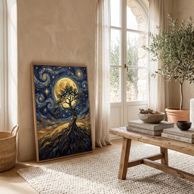 Resim Tree of Life Full Moon Print - Van Gogh-Style Mystical Spiritual Wall Art - With Hanger - White / 20 x 28" (50x70 cm) 