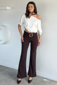 Resim Kadın Modal Kumaş Ön Tokalı Pantolon Kahve TZL-P-00021367 