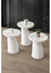 Resim Elips 3'lü Sehpa, Yan Sehpa, Zigon Sehpa - Beyaz & Beyaz Mermer Desenli Tabla Beyaz Gövde & Beyaz Mermer Desenli Tabla 