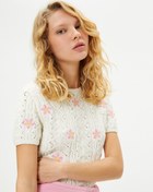 Resim Çiçekli Örgü Kazak Ajurlu Kısa Kollu Bisiklet Yaka Slim Fit 