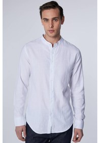 Resim Tudors Erkek Slim Fit Dar Kesim Uzun Kollu %100 Pamuk Keten Doku Hakim Yaka Beyaz Gömlek-26932 Beyaz 