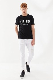 Resim Beer OClock Baskılı Bisiklet Yaka Regular Fit Tişört Siyah 