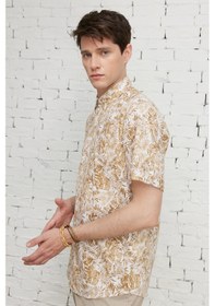 Resim AC&Co / Altınyıldız Classics Erkek Beyaz-kahve Slim Fit Dar Kesim Gizli Düğmeli Yaka %100 Pamuk Baskılı Gömlek Beyaz - Kahverengi 