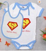 Resim Bitmeyen Kartuş Bk Kids Kişiye Özel Harfli Mavi Bebek Body Zıbın Ve Mama Önlüğü Seti 