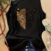 Resim Kadınlar için Günlük Kolsuz Yuvarlak Yaka Tank Top - Siyah Leopar Baskı ve Altın Ayrıntılı, Nefes Alabilen Polyester, Makinede Yıkanabilir, Her Mevsim Giyilebilir, Dayanıklı Kumaş 
