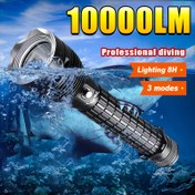 Resim 10000LM Profesyonel Dalış Feneri, Süper Parlak LED Su Altı Feneri, Alüminyum Alaşım, Parlatılmış, Pil ile Çalışır, Şarj Edilebilir, 3000-5000 Lümen, Sel Işığı, İşçi Bayramı Festivali için Su Geçirmez Lamba 