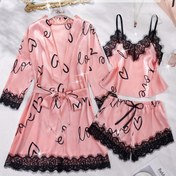 Resim 3 adet Kadınların Zarif Alfabe Baskılı Saten Pijama Seti - Dantel Detaylı Uzun Kollu Robe, Tank Üstü ve Şort, Üç Çeyrek Uzunluklu Kollu, Askılı, Tüm Mevsimler İçin Uygun, Yetişkin Ev Giyimi 