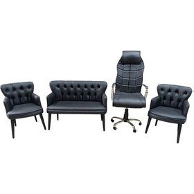 Resim Garden House Siyah Deri Siyah Ahşap Ayaklı Ofis Koltuk Takımı Makam Koltuğu - Ofis, Bekleme - 2+1+1+müdür Siyah 